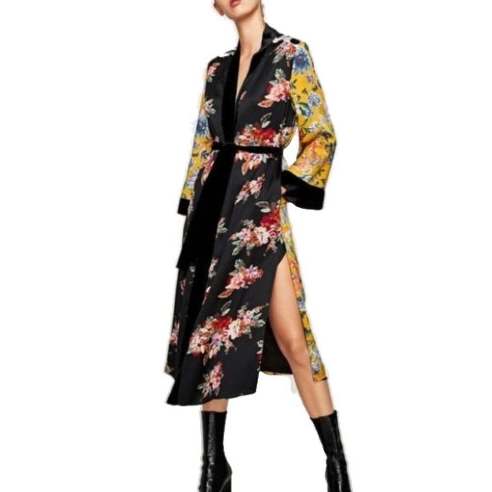 Zara Floral Patchwork Kimono Robe Duster S Black Velvet Satin